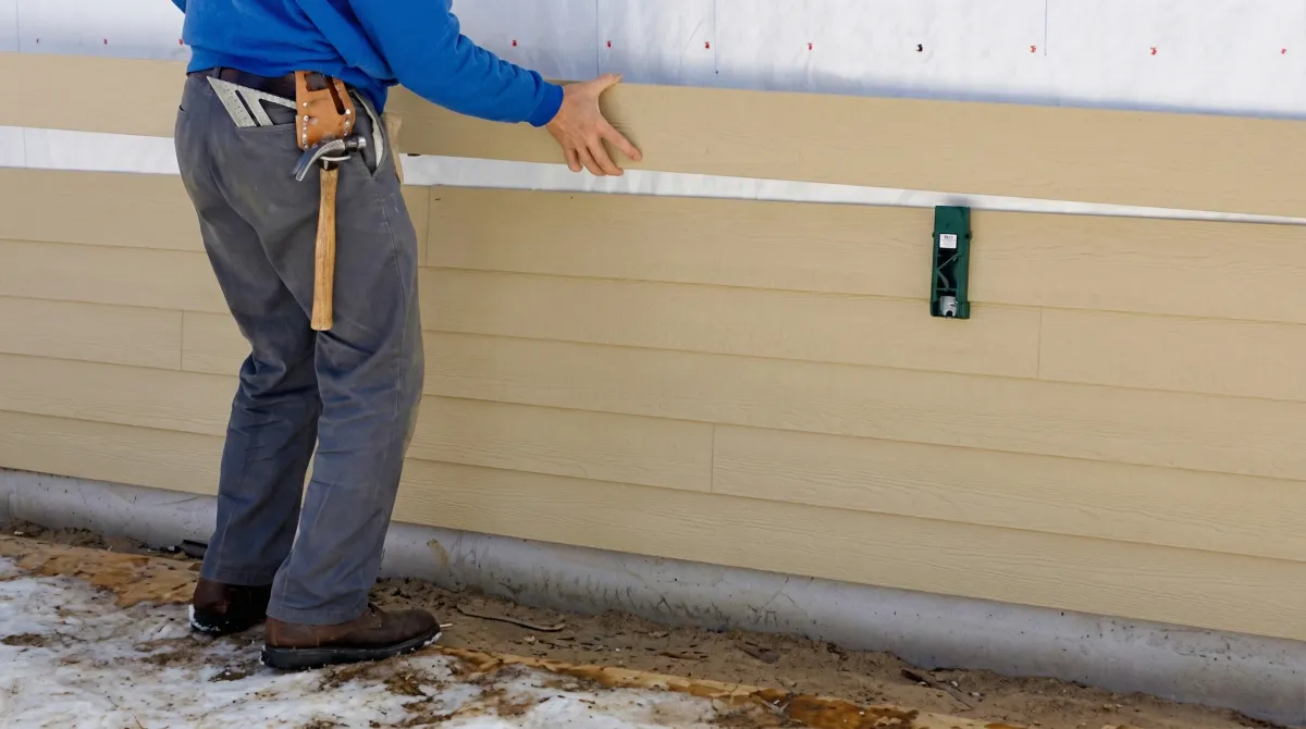 Siding replacement expert carefully aligning a new tan siding panel onto a residential exterior wall in Scottsdale, AZ